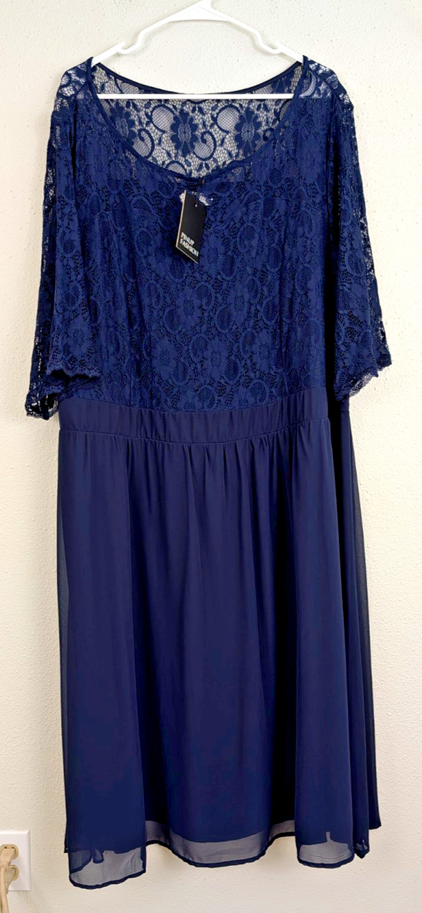 New Pinup Fashion sz 28W Midi A-line Dress navy blue floral lace sheer 3817